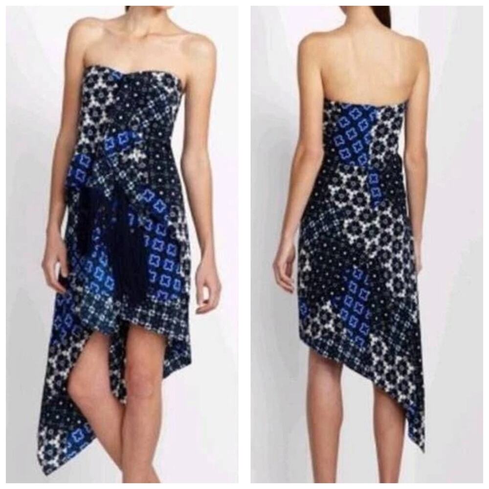 BCBGMAXAZRIA Enid Silk Printed Strapless Dress Sz 10 Asymmetric Hem Fringe Boho